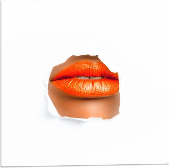 Acrylglas - Oranje gesloten Lippen door Papier - 50x50cm Foto op Acrylglas (Met Ophangsysteem)