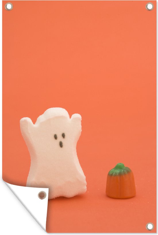Tuindecoratie Halloween snoepjes in de vorm van spook en pompoen - 40x60 cm - Tuinposter - Tuindoek - Buitenposter