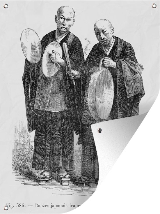 Tuinposter - Tuindoek - Tuinposters buiten - Een illustratie van twee mannen met een gong - 90x120 cm - Tuin