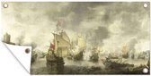 Tuinposter Slag van de verenigde Venetiaanse en Nederlandse vloten - Schilderij van Abraham Beerstraten - 60x30 cm - Tuindoek - Buitenposter