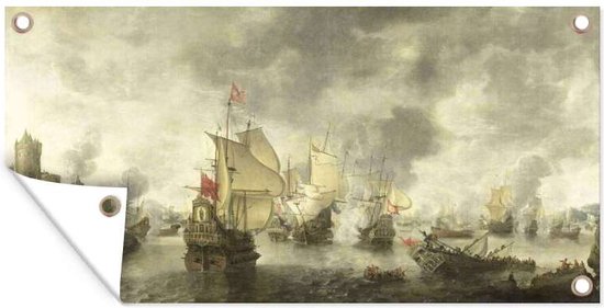 Tuinposter Slag van de verenigde Venetiaanse en Nederlandse vloten - Schilderij van Abraham Beerstraten - 60x30 cm - Tuindoek - Buitenposter