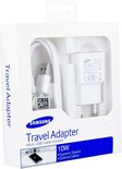 Witte Samsung Travel Adapter verpakking met micro USB-kabel en lader, 10W.