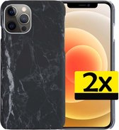 Hoesje Geschikt voor iPhone 12 Pro Hoesje Marmer Case Hard Cover - Hoes Geschikt voor iPhone 12 Pro Case Marmer Hoesje Backcover - Zwart - 2 Stuks