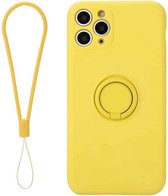 Voor iPhone 11 Pro effen kleur vloeibare siliconen schokbestendige volledige dekking beschermhoes met ringhouder en draagkoord (geel)