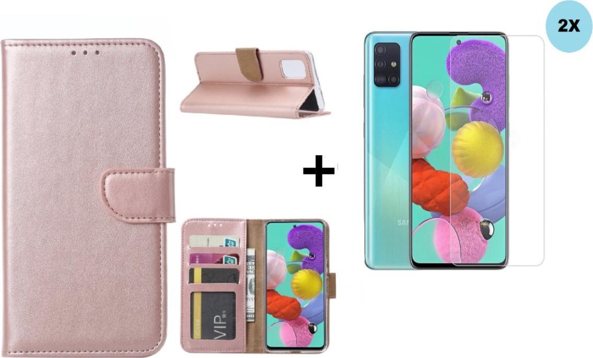 BixB Samsung A51 Hoesje - Bookcase + 2X Screenprotector - Rose goud
