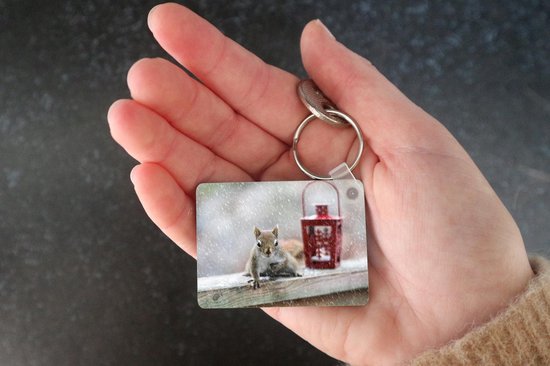 Porte-clés Écureuils en hiver - Un écureuil à la recherche de noix en hiver porte-clés en plastique - porte-clés rectangulaire avec photo