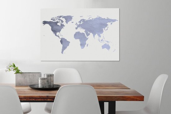 Wereldkaart avec des couleurs bleu violet et un motif texturé sur fond blanc 60x40 cm