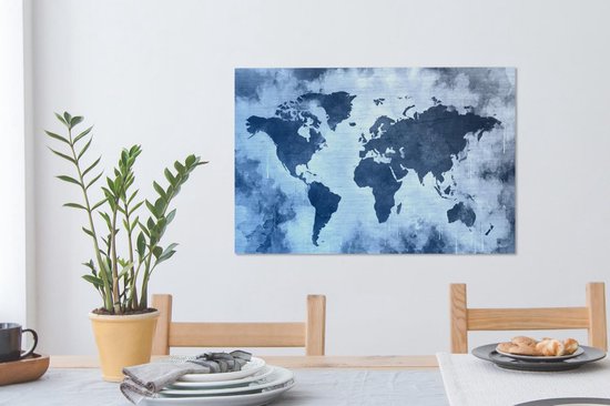 Wereldkaart avec peinture bleue et bleu foncé sur fond avec motif texturé 60x40 cm