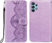 Voor Samsung Galaxy A32 4G Flower Vine Embossing Pattern Horizontale Flip Leather Case met Card Slot & Holder & Wallet & Lanyard (Purple)