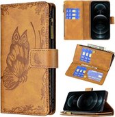 Voor iPhone 12 Flying Butterfly Embossing Pattern Rits Horizontale Flip lederen tas met houder & kaartsleuven & portemonnee (bruin)