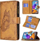 Voor Samsung Galaxy A21s Vliegende Vlinder Embossing Patroon Rits Horizontale Flip Leren Case met Houder & Kaartsleuven & Portemonnee (Bruin)