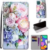 Voor Samsung Galaxy F62 / M62 Gekleurde Tekening Cross Textuur Horizontale Flip PU Leren Case met Houder & Kaartsleuven & Portemonnee & Lanyard (Lichtroze Boeket)