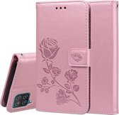 Voor Samsung Galaxy A12 Rose reliëf horizontale flip PU lederen tas met houder & kaartsleuven & portemonnee (rose goud)