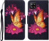 Voor Samsung Galaxy A22 4G Gekleurde Tekening Patroon Horizontale Flip PU Lederen Case met Houder & Kaartsleuven & Portemonnee & Lanyard (Grote Gouden Vlinder)