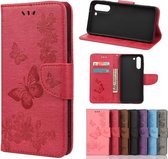 Voor Samsung Galaxy S21 FE vlinders reliëf horizontale flip lederen tas met houder & kaartsleuven & portemonnee (rood)