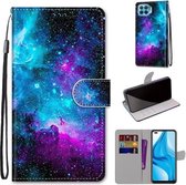 Voor OPPO F17 Pro / A93 4G / Reno4 Lite / Reno4 F Gekleurde tekening Cross Texture Horizontale flip PU lederen tas met houder & kaartsleuven & portemonnee & lanyard (paarsgroene sterrenhemel)