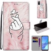 Voor OPPO A53 4G (2020) / A53s / A32 / A33 (2020) Gekleurde tekening Cross Texture Horizontale Flip PU lederen tas met houder & kaartsleuven & portemonnee & lanyard (Pink Hands Heart)