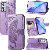 Voor OnePlus 9 Butterfly Love Flowers Reliëf Horizontale Flip Leren Case met Houder & Kaartsleuven & Portemonnee & Lanyard (Lichtpaars)