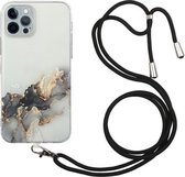 Holle marmeren patroon TPU schokbestendige beschermhoes met nekriem touw voor iPhone 12 Pro Max (zwart)