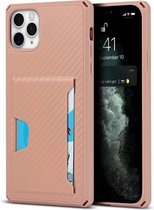 Carbon Fiber Armor Shockproof TPU + PC Hard Case met Card Slot Holder Funtion For iPhone 11 Pro Max (Rose Gold)
