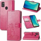 Voor ZTE A7S 2020 vierbladige sluiting reliëf gesp mobiele telefoon bescherming lederen tas met lanyard & kaartsleuf & portemonnee & beugel functie (rose rood)