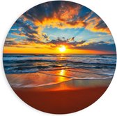 Dibond Wandcirkel - Zon zakkend in de Zee - 90x90cm Foto op Aluminium Wandcirkel (met ophangsysteem)