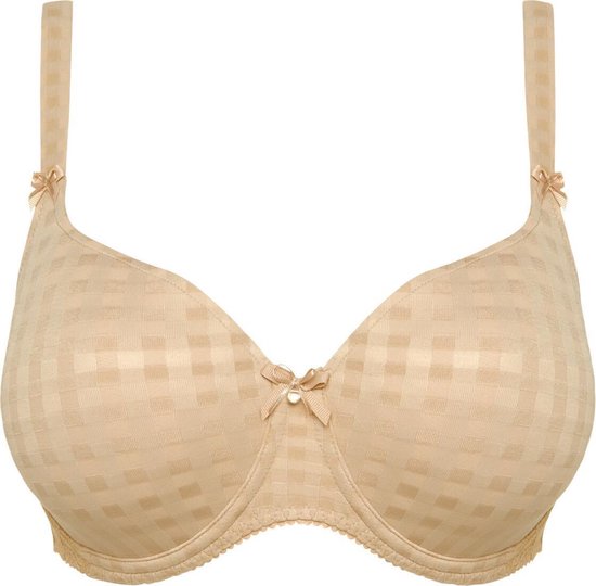 Nude voorgevormde beugel bh met ruitjespatroon, strikjes op de bandjes en middenvoor.