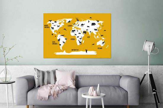 Wereldkaart avec des animaux sur fond jaune vif Aluminium 180x120 cm XXL / Groot format!
