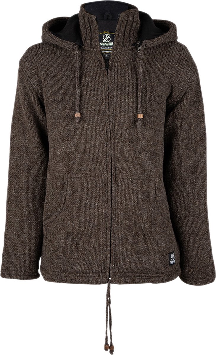 Gebreid Wollen Heren/Uni Vest van Schapenwol met Polyester Fleece voering en afneembare capuchon SHAKALOHA Flash Ziphood Choco