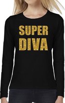Super DIVA goud glitter tekst t-shirt long sleeve zwart voor dames- zwart super diva shirt met lange mouwen voor dames XXL