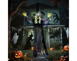 OKWISH Halloween Heks – 183 cm – Hangende Decoratie Met Ledverlichting, Geluidfunctie En Verstelbare Armen – Staal En Polyester – Paars – Binnen En Buiten
