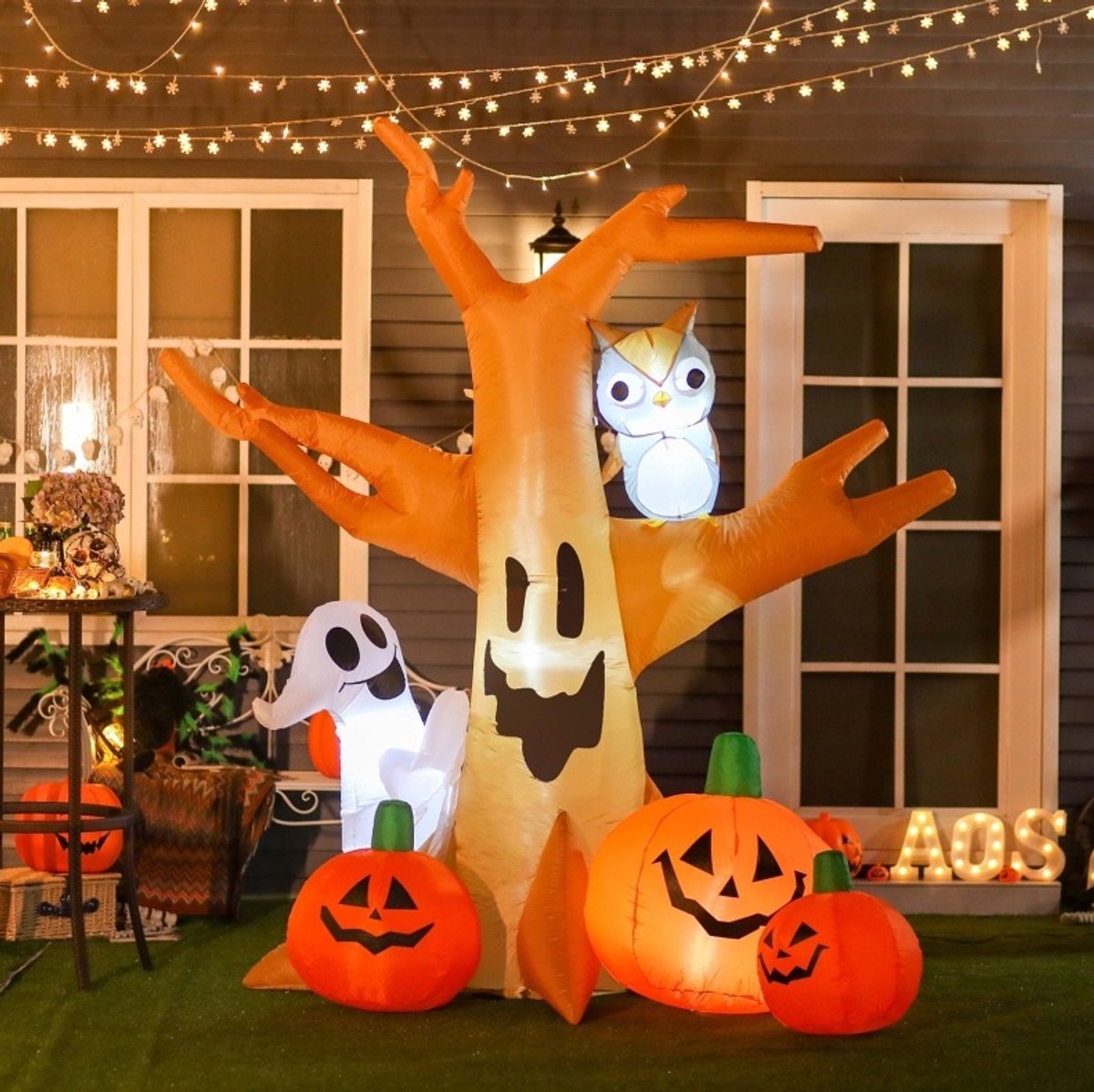 MIVRAY Opblaasfiguur – Zelfopblaasbare Spookboom – 190 x 100 x 240 cm – Polyester – Bruin – Halloween Decoratie voor Buiten – 4 Ledlampen