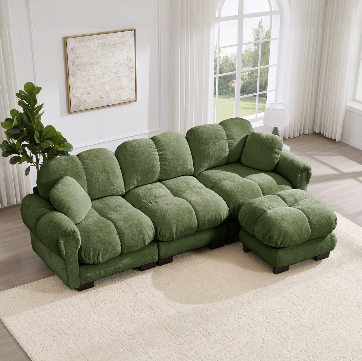 MODFU Hoekbank - Gestikte Zitting - L-Vormig - Woonkamer - Chenille - Groen - 260 X 149 X 90 Cm