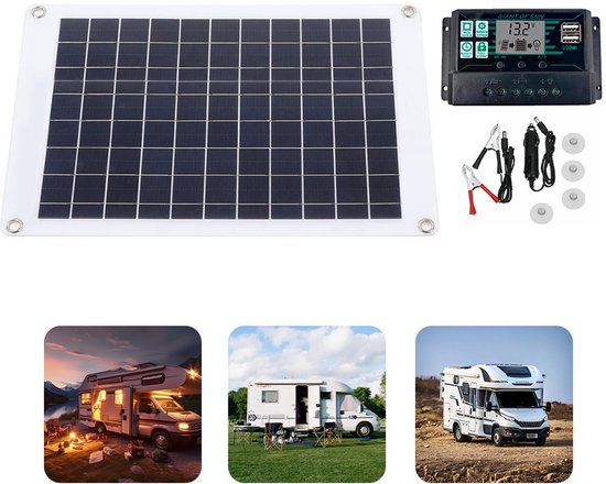 Zonnepaneel set met een wit-omrand paneel, laadregelaar, clips en drie foto's van campers.