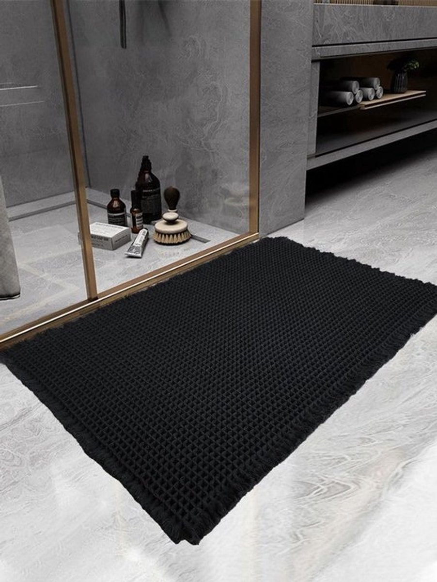 Verbeterde Ultrazachte Antislip Wafelbadmat - Super Absorberend en Machinewasbaar (Zwart, 61 x 91 cm)