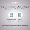 Icons voor wasmachine en droger met tekst: Wasmachine 40° lage toeren, Droger lage stand. Mag in de droogkast.