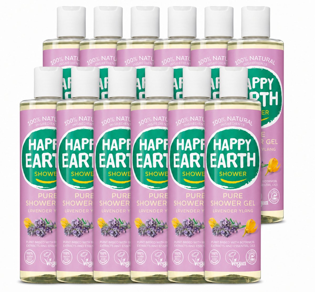 12 x Happy Earth – Douchegel – 100% Natuurlijk Lavender Ylang – 300 ml - Voordeelverpakking - 12 stuks