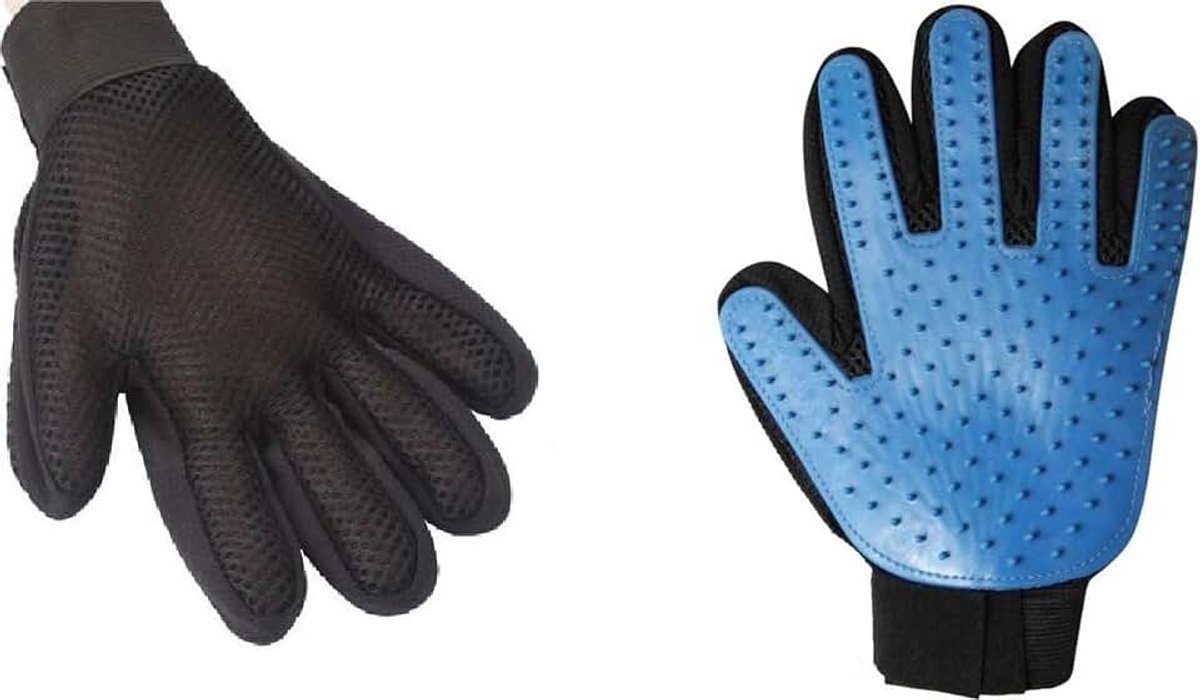 Vachthandschoen - Vacht Borstel - Honden-Borstel - Vacht-Verzorgings-Borstel voor Hond - Kat - Handschoen - Zwart/blauw - Ontklitten - Glimmende vacht - Linkerhandschoen - 1 handschoen