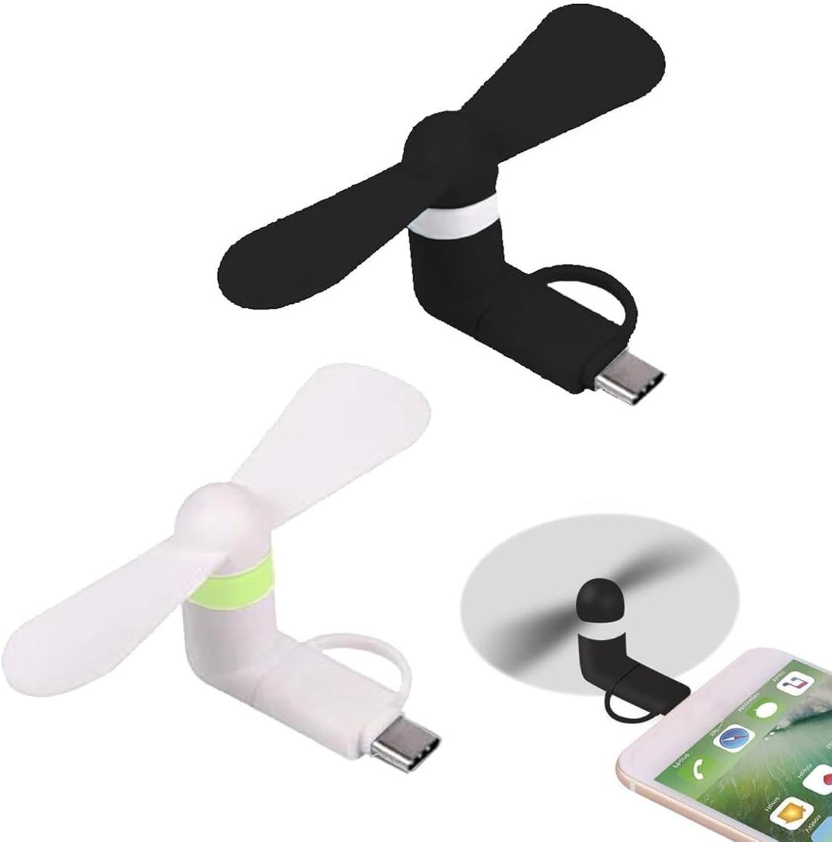 Telefoonventilator,Mini 2-in-1 mobiele telefoon ventilator,draagbare koeler,compatibel met iPhone/Micro-USB/type C(zwart+wit)