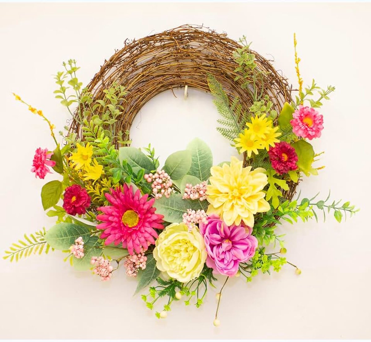 Enchanté Dahlia bloemenkrans met wijnstok, 55 cm, voor deur, voordeur, woonkamer, keuken, eetkamer, slaapkamer, kinderkamer, bruiloft, feest, woondecoratie