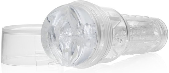 Transparante vaginale masturbator met interne ribbels, naast een doorzichtige dop.