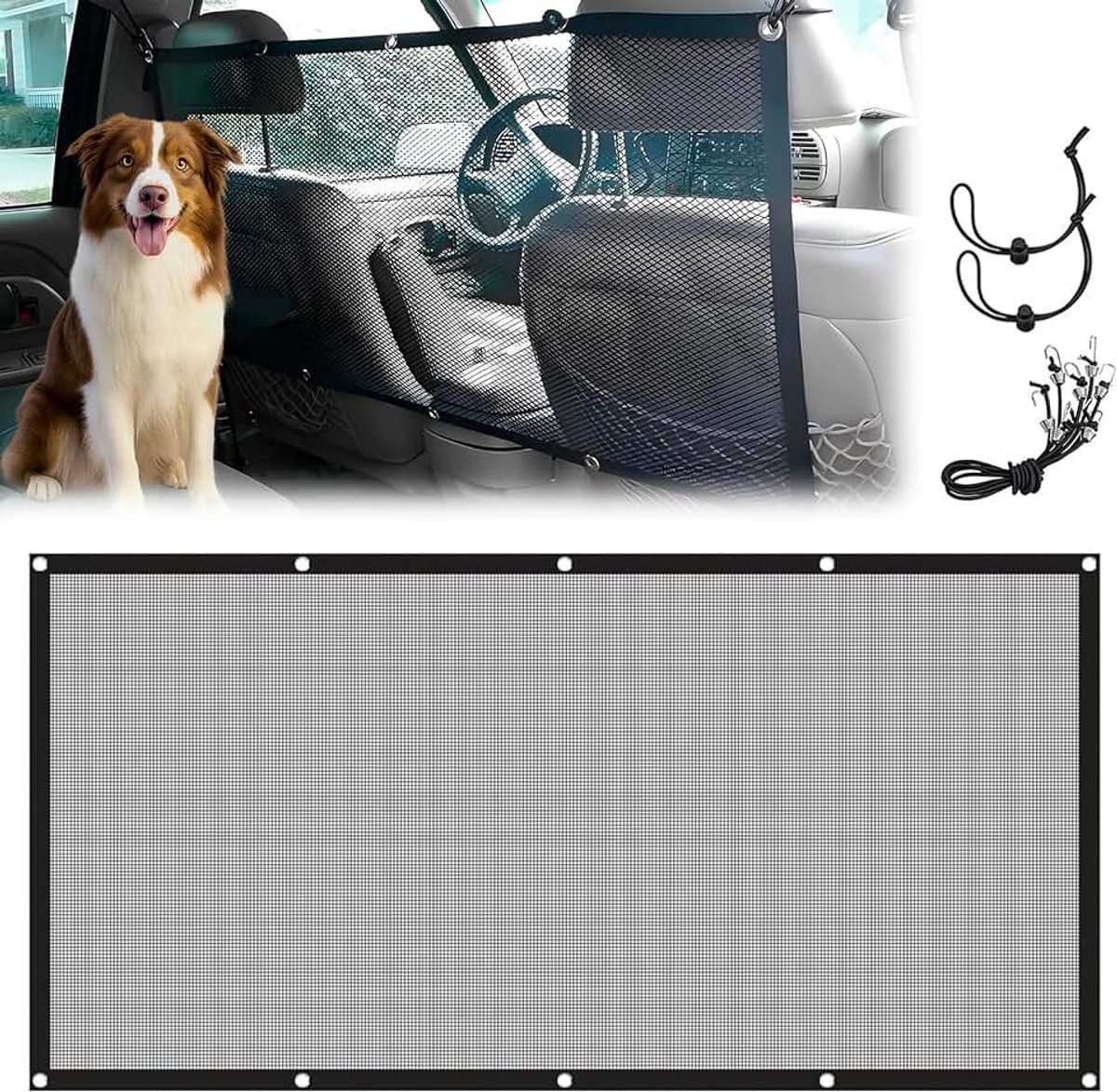 Auto-scheidingswand voor honden, verstelbaar, 115 x 62 cm, auto-scheidingsnet voor honden met touw en haak, universeel net voor terreinvoertuigen, vrachtwagens en auto's