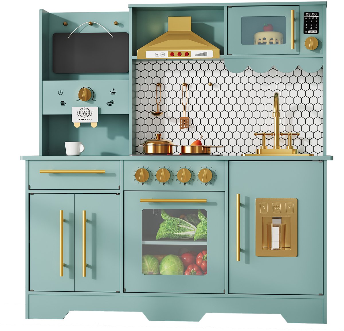 Houten Speelkeuken met Licht en Geluid - Groen - Inclusief IJsmachine Koffiezetapparaat Oven Magnetron Spoelbak en Accessoires - Rollenspel Keuken - Voor Jongens en Meisjes - Vanaf 3 Jaar