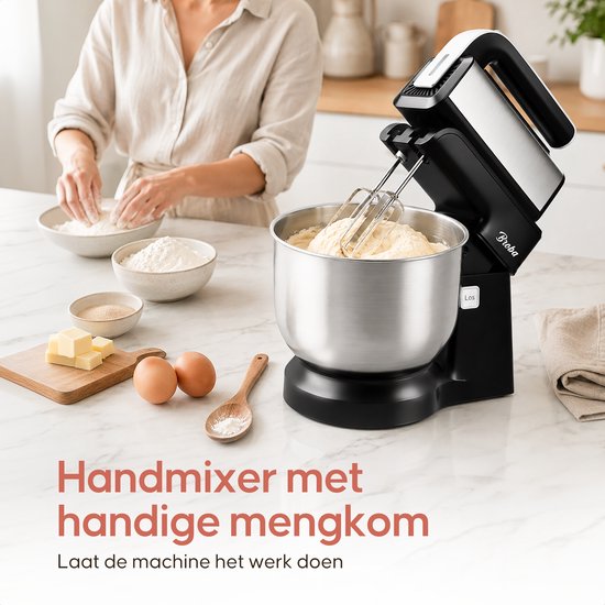 Vrouw voegt bloem toe aan de metalen mengkom van een zwarte Broba handmixer.