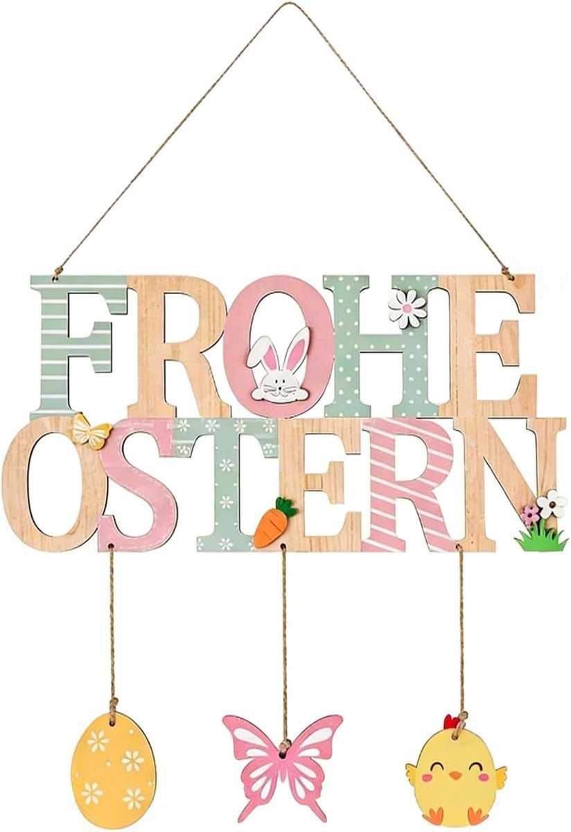 Deurbord voor Pasen, van hout met paashaas en paaseieren, vrolijk Pasen, decoratief bord om op te hangen, voor huisdeur, welkomstdecoratie