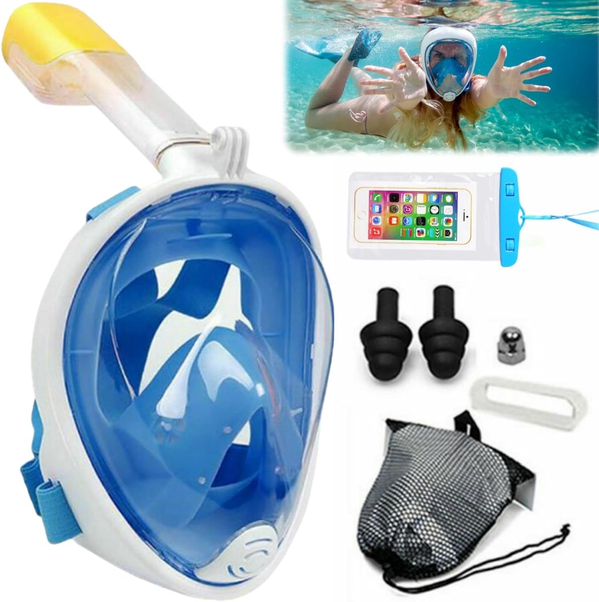 Duikbril, volgelaatsmasker om te snorkelen, zwembril, snorkelmasker, droge snorkelset, anti-condens, panorama, volgelaatsmasker, duikmasker met neusafdekking