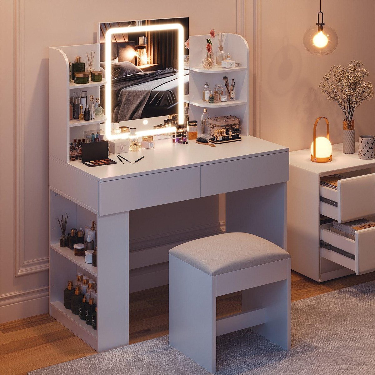 Devoko Kaptafel met LED-spiegel en 3 Lichtkleuren – Make-uptafel met Verborgen Sieradenopberging en Kruk – 90 × 40 × 135 cm – Wit