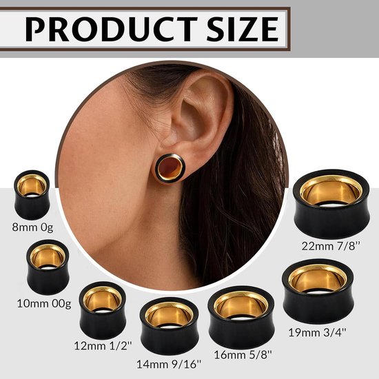Tunnel hout 8 mm - 22 mm roestvrij staal goud oortunnel set plug piercing sieraden vrouwen mannen 2 stuks — afbeelding 2