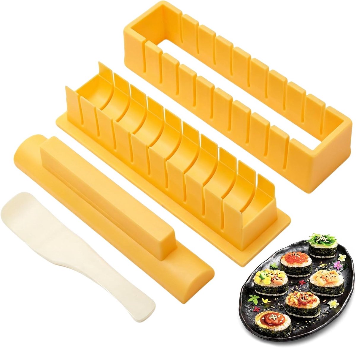 4 stuks sushi-maker, multifunctionele eenvoudige sushi-set, doe-het-zelf onigiri-maker, kunststof, eenvoudige versie, vierkante onigirivorm met rijstrolvorm, rijstlepel voor beginners (rond)