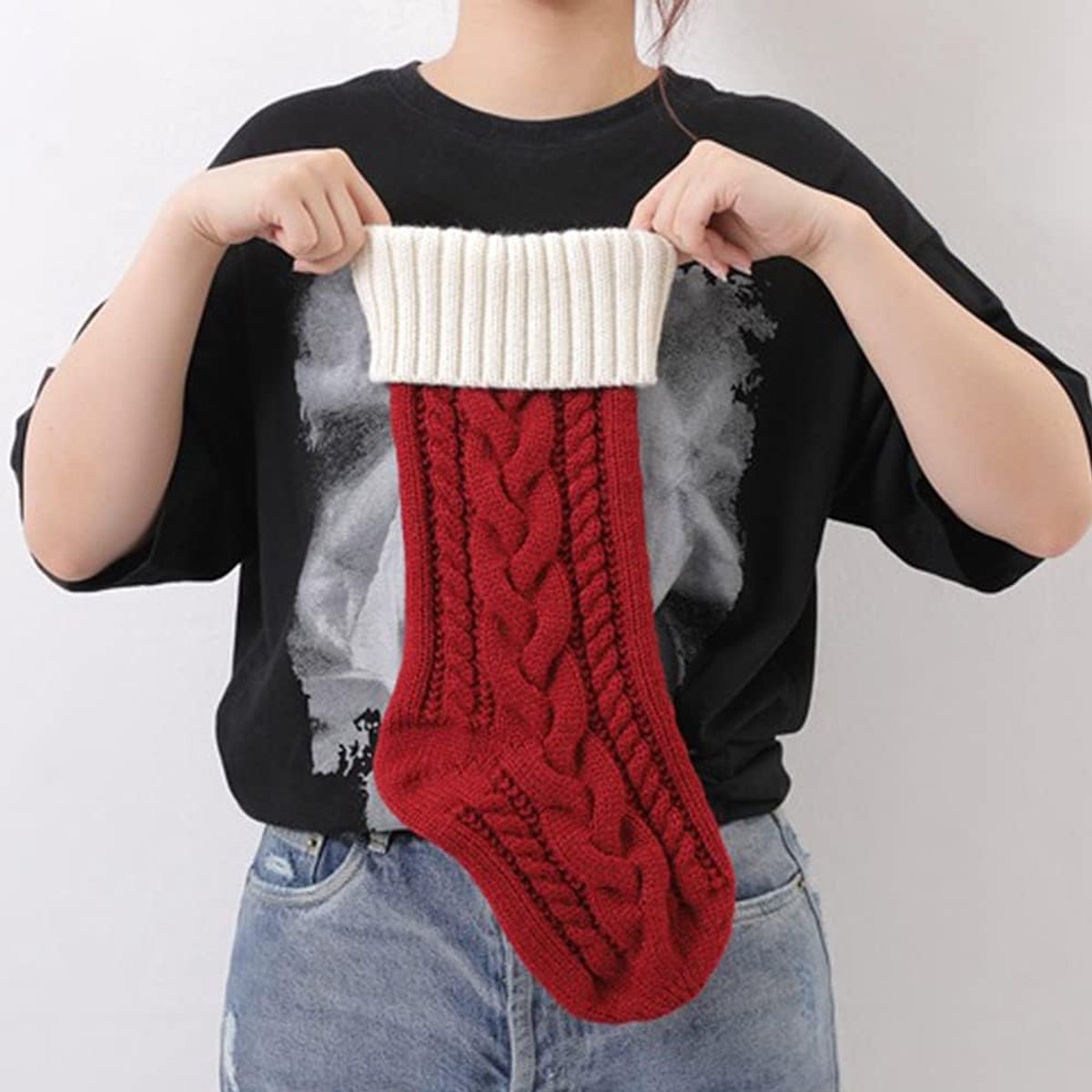 Kousen, Gepersonaliseerde Kerstsokken voor Open Haard, Gebreide Kerstkous voor Familievakantie Xmas Party Decoraties (Wit (Lichaam)+Groen (Mond), Lengte 46 cm, 1 Stuk)